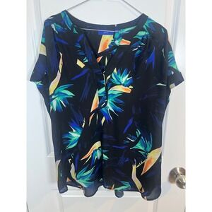 Apt. 9 Womens Blouse Tropical Bird of Paradise Floral Print Black Blue Size XL